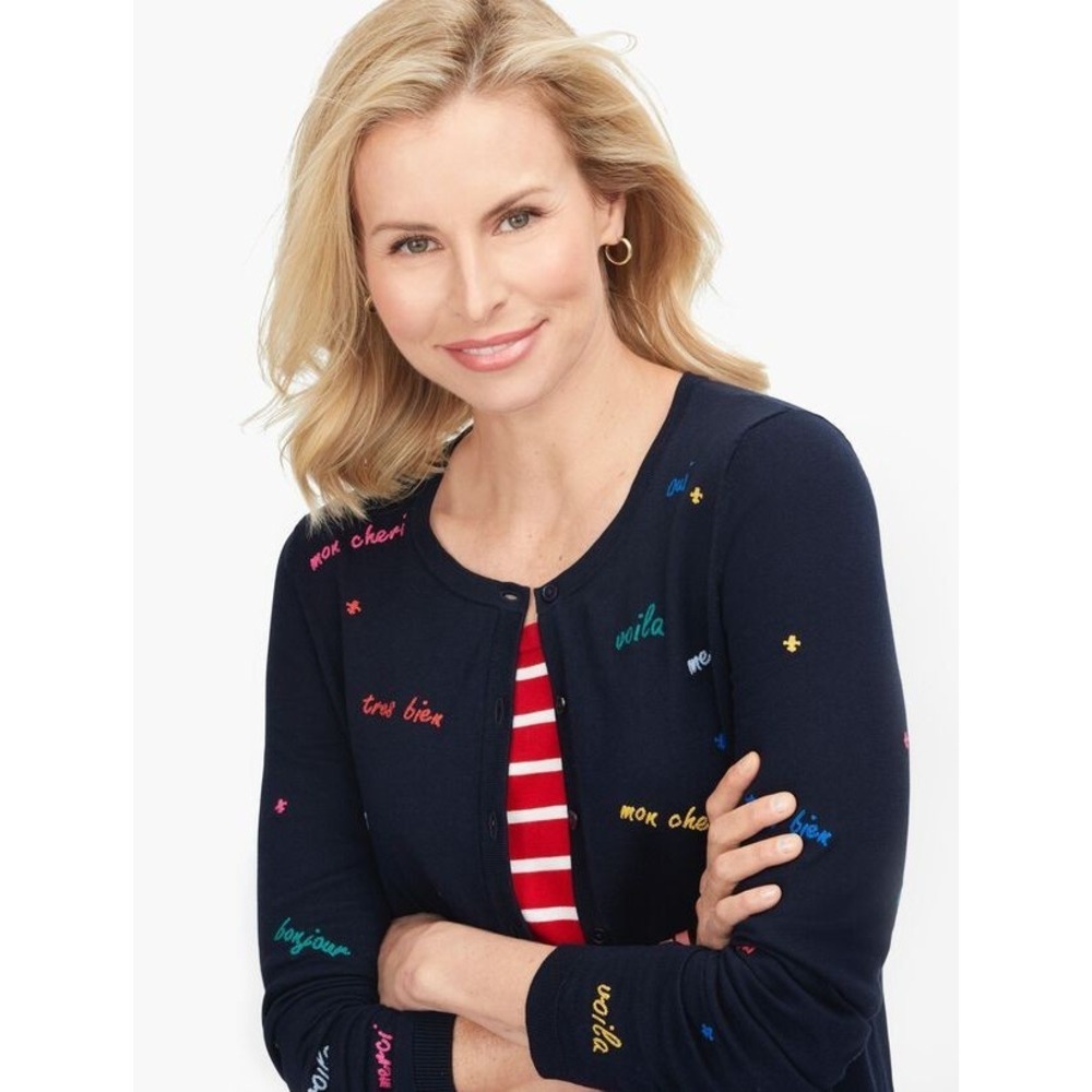EUC Vintage Talbots Petite Navy Blue French Cardigan Sweater Cotton Blend Size M